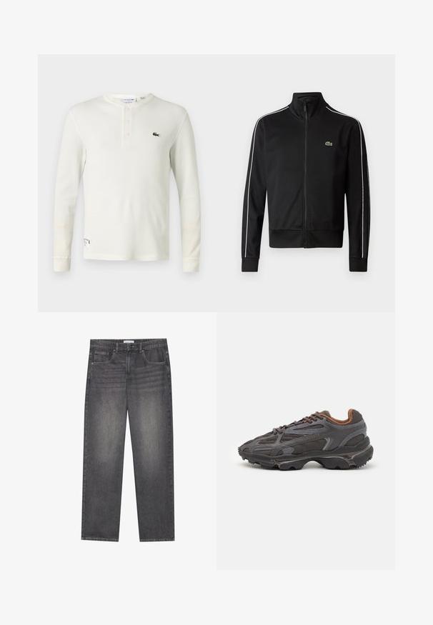 Black zip-up track jacket made of smooth fabric, featuring white side stripes and a small green logo on the chest. High collar design.; Long-sleeve cream ribbed henley shirt made of soft cotton, featuring a three-button placket and a small green embroidered logo on the chest.; Dark gray denim jeans with a straight cut, featuring five pockets, a front button closure, and subtle fading across the fabric.; Lacoste sneakers in dark gray with mesh and synthetic material, featuring a textured sole and brown accents on the collar and branding.