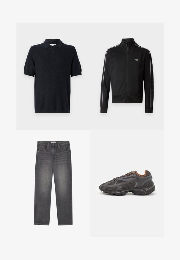 Svart zip-up treningsjakke laget av glatt stoff, med hvite sidelister og en liten grønn logo på brystet. Høy krage-design.; Svart polo-skjorte med et teksturert zigzag-mønster, kortermet og en krage med to knapper. Laget av et pustende stoff.; Mørkegrå denimjeans med rett snitt, som har fem lommer, en frontlukking med knapp og subtil fading over stoffet.; Lacoste-sneakers i mørkegrått med mesh- og syntetisk materiale, med en teksturert såle og brune detaljer på kragen og merket.