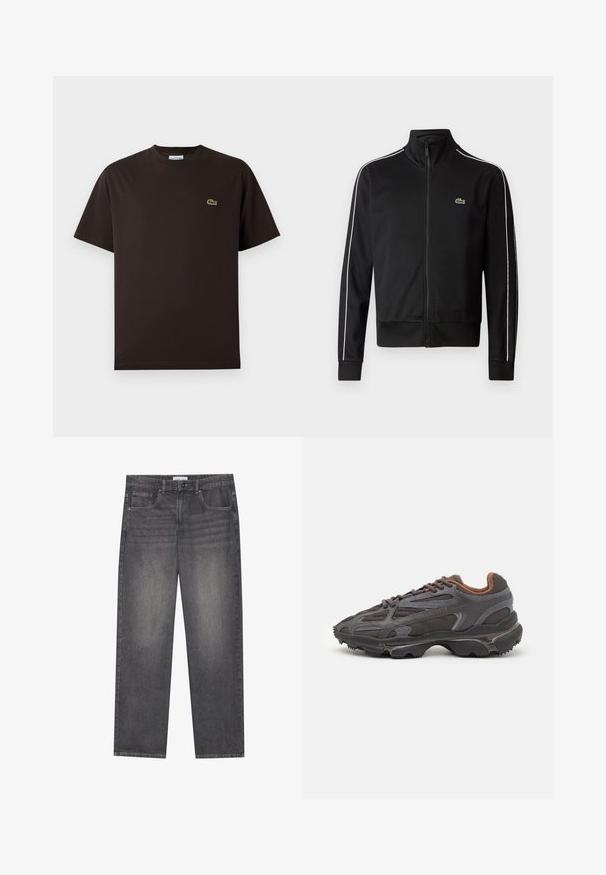 Jachetă sport neagră, cu fermoar, confecționată dintr-un material neted, având dungi albe pe laterale și un mic logo verde pe piept. Design cu guler înalt.; Tricou din bumbac, cu mânecă scurtă, de culoare maro. Prezintă un logo brodat subtil în formă de crocodil, de culoare verde, pe pieptul stâng. Design clasic cu guler rotund.; Jeans negri de denim cu croială dreaptă, având cinci buzunare, închidere frontală cu nasture și o decolorare subtilă pe întreaga țesătură.; Adidași Lacoste de culoare gri închis, din material mesh și sintetic, cu o talpă texturată și accente maronii pe guler și branding.