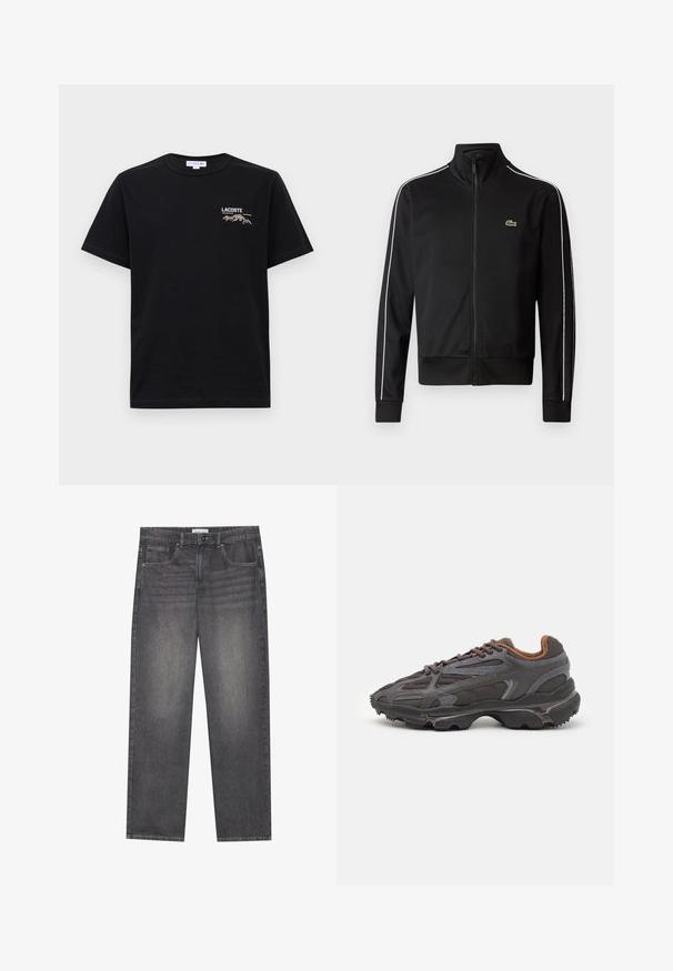 Juodas užtrauktukas sportinis švarkas, pagamintas iš lygios medžiagos, su baltais šonų dryžiais ir mažuoju žaliu logotipu krūtinėje. Aukšto apykaklės dizainas.; Juoda medvilninė marškinėlių su trumpomis rankovėmis, apvalia kaklo išpjova ir išsiuvinėtu "LACOSTE" logotipu su kalnų grafika kairiajame krūtinės puodelyje.; Tamsiai pilkos džinsinės kelnės su tiesiu kirpimu, turinčios penkias kišenes, priekinį knopkopį ir švelnų išblukimą audinyje.; Lacoste sportbačiai tamsiai pilki, pagaminti iš tinklinės ir sintetinių medžiagų, su tekstūruotu padu ir rudomis detalėmis ant apykaklės bei prekės ženklo.