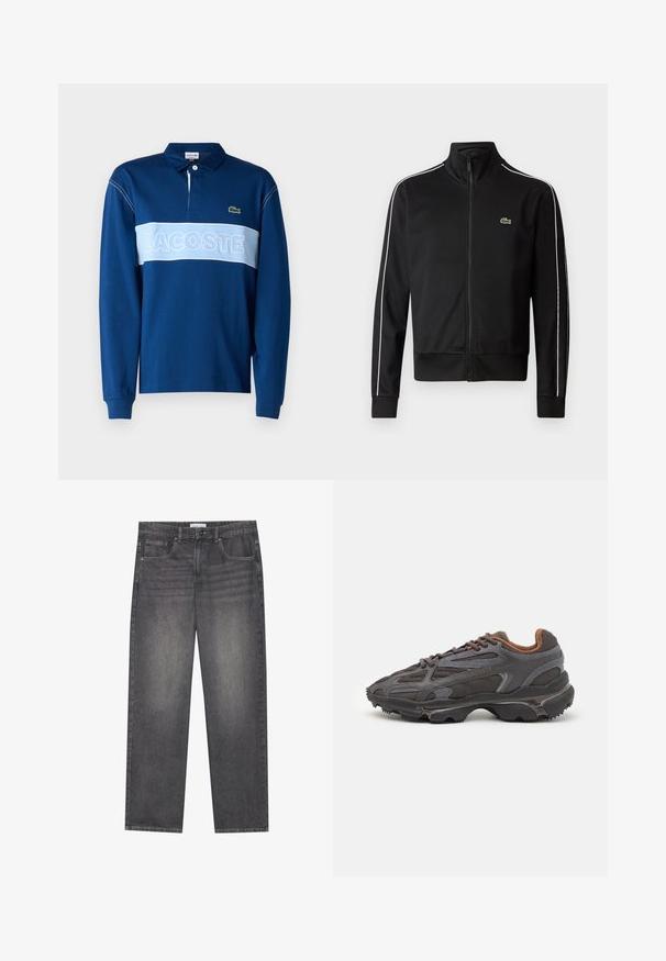 Giacca a zip nera in tessuto liscio, con strisce laterali bianche e un piccolo logo verde sul petto. Design con colletto alto.; Polo a maniche lunghe blu navy con una striscia orizzontale azzurro chiaro che presenta il testo "LACOSTE", tessuto morbido e colletto con tre bottoni.; Jeans in denim grigio scuro con taglio dritto, dotati di cinque tasche, chiusura frontale con bottone e lievi sbiadimenti su tutta la stoffa.; Sneaker Lacoste grigie scure in materiale mesh e sintetico, con suola testurizzata e dettagli marroni sul colletto e sul branding.