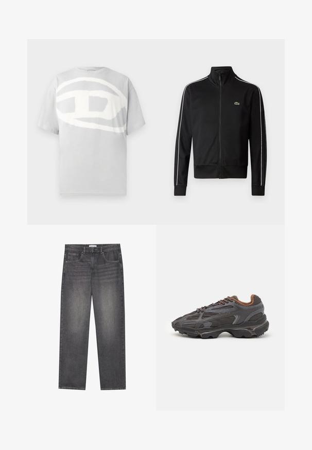 Juodas užtrauktukas sportinis švarkas, pagamintas iš lygios medžiagos, su baltais šonų dryžiais ir mažuoju žaliu logotipu krūtinėje. Aukšto apykaklės dizainas.; Pilkas medvilnės marškinėliai su dideliu, abstrakčiu baltu logotipo dizainu priekyje. Trumpomis rankovėmis ir apvali iškirptė. Sklandi tekstūra.; Tamsiai pilkos džinsinės kelnės su tiesiu kirpimu, turinčios penkias kišenes, priekinį knopkopį ir švelnų išblukimą audinyje.; Lacoste sportbačiai tamsiai pilki, pagaminti iš tinklinės ir sintetinių medžiagų, su tekstūruotu padu ir rudomis detalėmis ant apykaklės bei prekės ženklo.