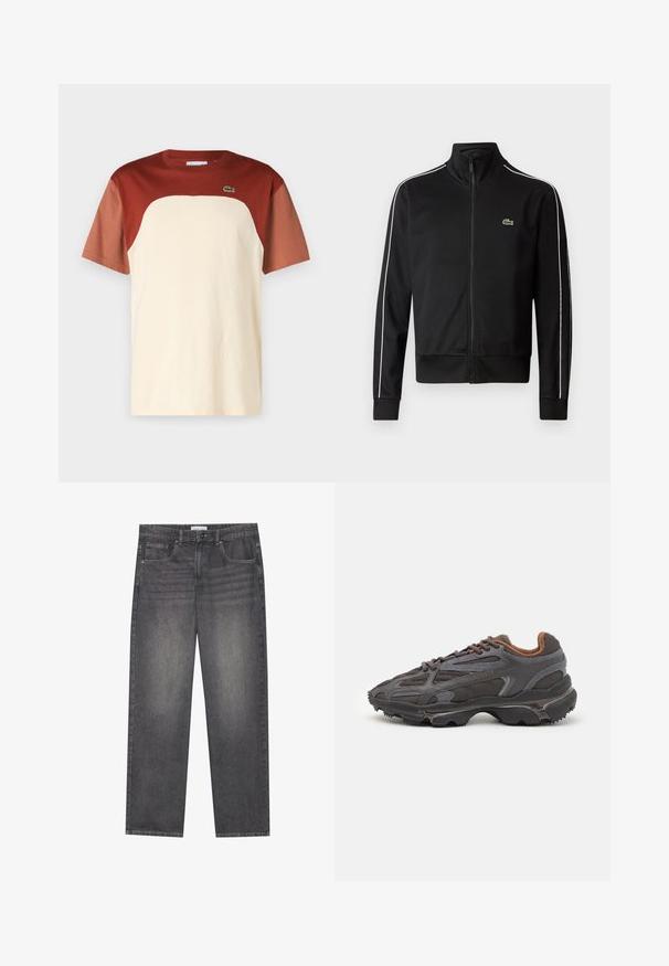 Juodas užtrauktukas sportinis švarkas, pagamintas iš lygios medžiagos, su baltais šonų dryžiais ir mažuoju žaliu logotipu krūtinėje. Aukšto apykaklės dizainas.; Spalvotai atskirta marškinėlių su kreminiu korpusu ir bordo rankovėmis, apvaliu iškirpimu ir mažu žaliu logotipo ženklu krūtinėje. Pagaminta iš medvilnės.; Tamsiai pilkos džinsinės kelnės su tiesiu kirpimu, turinčios penkias kišenes, priekinį knopkopį ir švelnų išblukimą audinyje.; Lacoste sportbačiai tamsiai pilki, pagaminti iš tinklinės ir sintetinių medžiagų, su tekstūruotu padu ir rudomis detalėmis ant apykaklės bei prekės ženklo.