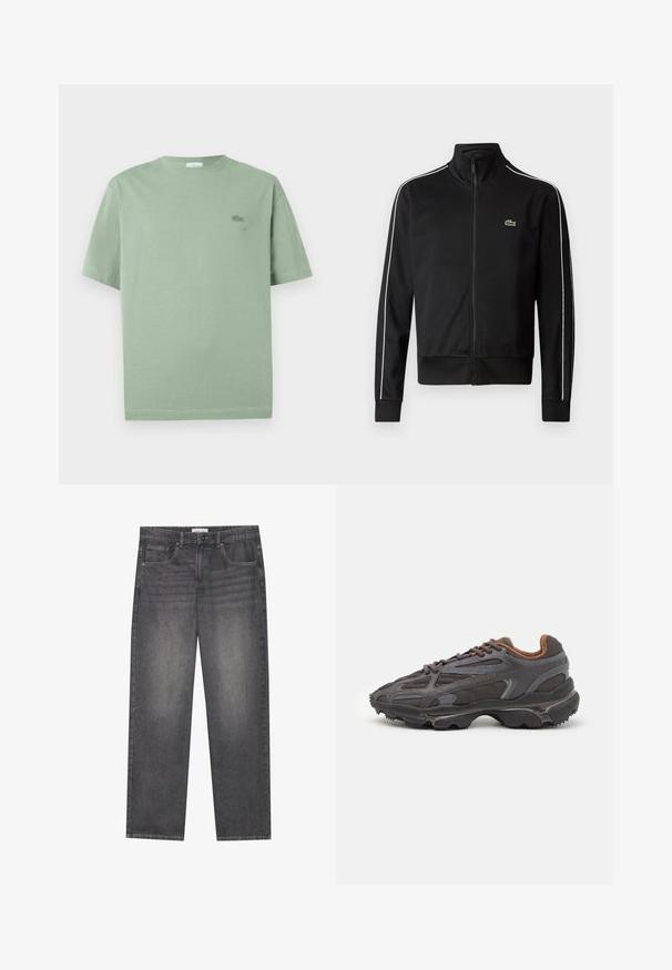 Svart zip-up träningsjacka i slät tyg, med vita sidestreck och en liten grön logotyp på bröstet. Hög krage.; Ljusgrön t-shirt med kort ärm gjord av bomull, med en liten broderad logotyp på bröstet och en rundad halsringning.; Mörkgrå denimjeans med rak passform, som har fem fickor, knappstängning fram och subtila blekningar över tyget.; Lacoste-sneakers i mörkgrått med nät och syntetmaterial, med en strukturerad sula och bruna detaljer på kragen och varumärket.