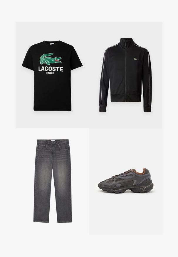 Chaqueta de chándal negra con cremallera, fabricada en tejido suave, que presenta franjas laterales blancas y un pequeño logo verde en el pecho. Diseño de alto collar.; Camiseta de algodón negra con un logo de cocodrilo verde y el texto "LACOSTE PARIS" en blanco. Manga corta y cuello redondo clásico.; Jeans de mezclilla gris oscuro con corte recto, que cuentan con cinco bolsillos, un cierre frontal con botón y un ligero desgastado en la tela.; Zapatillas Lacoste en gris oscuro con material de malla y sintético, que cuentan con una suela texturizada y detalles en marrón en el cuello y la marca.