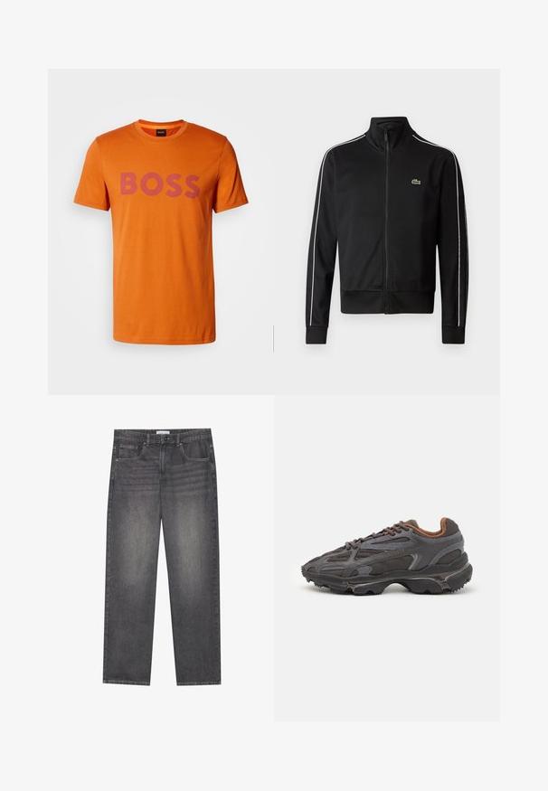 Črna jakna z zadrgo, izdelana iz gladkega materiala, z belimi stranskimi črtami in majhnim zelenim logotipom na prsih. Zasnova z visokim ovratnikom.; Oranžna bombažna majica s kratkimi rokavi, z izrazitim purpurnim logotipom "BOSS" čez prsa, okrogel izrez, gladka tekstura.; Temno sivi kavbojki z ravnim krojem, ki imajo pet žepov, sprednjo zaponko na gumb in rahlo zbledelost po tkanini.; Lacoste teniske v temno sivi barvi z mrežasto in sintetično prevleko, s teksturiranim podplatom in rjavimi detajli na ovratniku ter blagovni znamki.