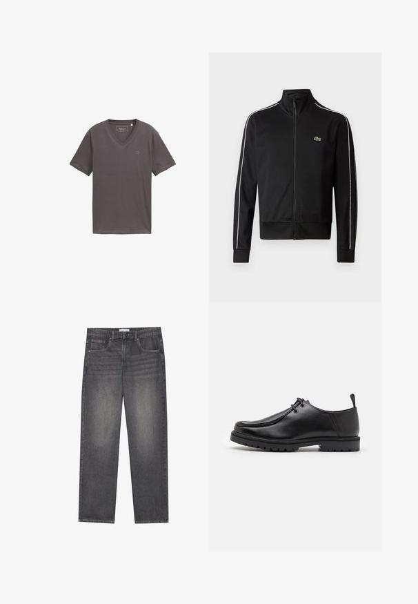Črna jakna z zadrgo, izdelana iz gladkega materiala, z belimi stranskimi črtami in majhnim zelenim logotipom na prsih. Zasnova z visokim ovratnikom.; Siv majica s kratkimi rokavi v kroju v o-vrat, izdelana iz mehkega materiala, z diskretnim logotipom na levi strani. Gladka tekstura in sproščen kroj.; Temno sivi kavbojki z ravnim krojem, ki imajo pet žepov, sprednjo zaponko na gumb in rahlo zbledelost po tkanini.; Črne usnjene čevlje na vezanje z robustnim podplatom in zanko na peti, prikazani s strani na beli podlagi.