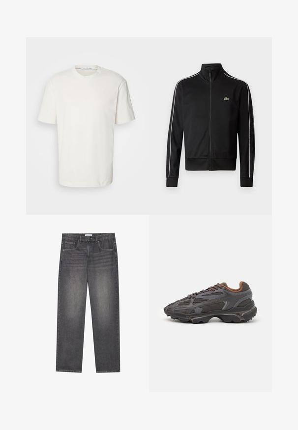 Chaqueta de chándal negra con cremallera, fabricada en tejido suave, que presenta franjas laterales blancas y un pequeño logo verde en el pecho. Diseño de alto collar.; Calvin Klein Jeans COLORBLOCK TEE - Camiseta estampada - ivory; Jeans de mezclilla gris oscuro con corte recto, que cuentan con cinco bolsillos, un cierre frontal con botón y un ligero desgastado en la tela.; Zapatillas Lacoste en gris oscuro con material de malla y sintético, que cuentan con una suela texturizada y detalles en marrón en el cuello y la marca.
