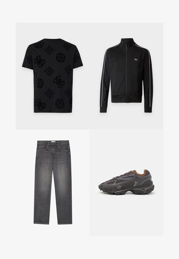 Juodas užtrauktukas sportinis švarkas, pagamintas iš lygios medžiagos, su baltais šonų dryžiais ir mažuoju žaliu logotipu krūtinėje. Aukšto apykaklės dizainas.; Juodas marškinėliai su tekstūruotu įvairių apvalių ir geometrinių formų raštu. Apvalus kaklas, trumpomis rankovėmis ir laisvas siluetas.; Tamsiai pilkos džinsinės kelnės su tiesiu kirpimu, turinčios penkias kišenes, priekinį knopkopį ir švelnų išblukimą audinyje.; Lacoste sportbačiai tamsiai pilki, pagaminti iš tinklinės ir sintetinių medžiagų, su tekstūruotu padu ir rudomis detalėmis ant apykaklės bei prekės ženklo.