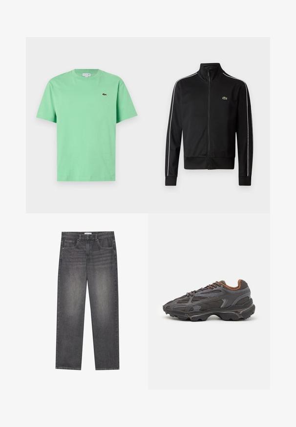 Casaco de treino preto com fecho, feito de um tecido suave, apresentando riscas brancas nas laterais e um pequeno logótipo verde no peito. Design de gola alta.; T-shirt de algodão verde menta com decote redondo, mangas curtas e um pequeno logo bordado no lado esquerdo do peito.; Jeans de denim cinza escuro com corte reto, apresentando cinco bolsos, fecho frontal com botão e um esmaecimento subtil em toda a peça.; Ténis Lacoste em cinza-escuro com material em malha e sintético, apresentando uma sola texturizada e detalhes castanhos na gola e na marca.