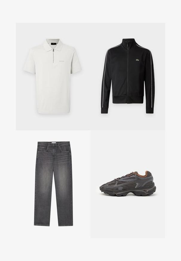 Melnas rāvējslēdzēja sporta jakas, kas izgatavota no gludas auduma, ar baltām sānu svītrām un mazu zaļu logotipu uz krūtīm. Augsts apkakles dizains.; Belstaff ALLOY - Polo krekls - stone beige; Tumši pelēki džinsu bikses ar taisnu piegriezumu, piecas kabatas, priekšējais pogu aizdare un neliela izbalēšana auduma virsmā.; Lacoste kedas tumši pelēkā krāsā ar acu audumu un sintētisko materiālu, ar teksturētu zoli un brūniem akcentiem apkaklītē un zīmola uzrakstā.