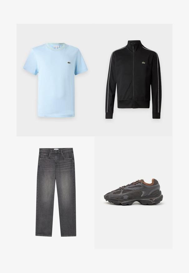 Melnas rāvējslēdzēja sporta jakas, kas izgatavota no gludas auduma, ar baltām sānu svītrām un mazu zaļu logotipu uz krūtīm. Augsts apkakles dizains.; Gaiši zils kokvilnas T-kreklis ar īsām piedurknēm, apaļo kakla izgriezumu ar zaļu un baltiem svītrām, un mazu izšūtu logotipu krūtīs.; Tumši pelēki džinsu bikses ar taisnu piegriezumu, piecas kabatas, priekšējais pogu aizdare un neliela izbalēšana auduma virsmā.; Lacoste kedas tumši pelēkā krāsā ar acu audumu un sintētisko materiālu, ar teksturētu zoli un brūniem akcentiem apkaklītē un zīmola uzrakstā.