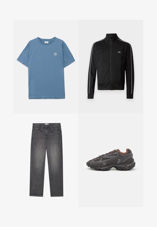 Juodas užtrauktukas sportinis švarkas, pagamintas iš lygios medžiagos, su baltais šonų dryžiais ir mažuoju žaliu logotipu krūtinėje. Aukšto apykaklės dizainas.; Mėlynas medvilnės marškinėliai su apvaliu kaklu, trumpomis rankovėmis ir mažu apvaliu logotipu, kuriame yra "W", kairėje krūtinės pusėje.; Tamsiai pilkos džinsinės kelnės su tiesiu kirpimu, turinčios penkias kišenes, priekinį knopkopį ir švelnų išblukimą audinyje.; Lacoste sportbačiai tamsiai pilki, pagaminti iš tinklinės ir sintetinių medžiagų, su tekstūruotu padu ir rudomis detalėmis ant apykaklės bei prekės ženklo.