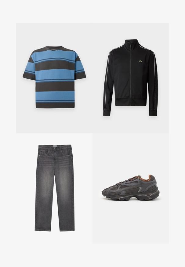 Zwarte zip-up sportjas van gladde stof, met witte zijstrepen en een klein groen logo op de borst. Hoge kraagontwerp.; Korte mouwen T-shirt van katoen met horizontale strepen in tinten blauw en donkergrijs. Heeft een ronde hals en een ontspannen pasvorm.; Donkergrijze denim jeans met een rechte snit, voorzien van vijf zakken, een knoopsluiting aan de voorkant en subtiele vervaging over de stof.; Lacoste sneakers in donkergrijs van mesh en synthetisch materiaal, met een gestructureerde zool en bruine accenten op de kraag en branding.