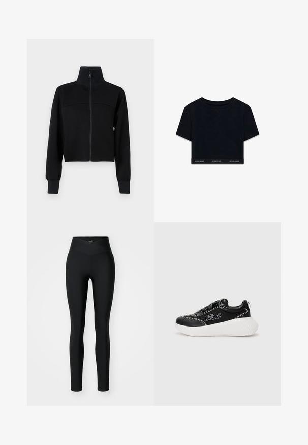 Zwarte cropped zip-up jas van zachte stof. Kenmerkt zich door een hoge kraag en lange mouwen met ribgebreide manchetten. Naaddetail over de borst.; Zwarte cropped t-shirt van zachte stof met korte mouwen en ronde hals. Heeft een merkband aan de onderkant met "GUESS JEANS" in het wit.; Zwarte leggins van rekbaar materiaal, met een hoge, kruis-over tailleband en een aansluitend ontwerp. Glad oppervlak zonder zichtbare patronen of accenten.; Zwarte sneaker met witte zool, gemaakt van leer en stof. Beschikt over contrasterende stiksels en een logo aan de zijkant. Licht verhoogde hak.