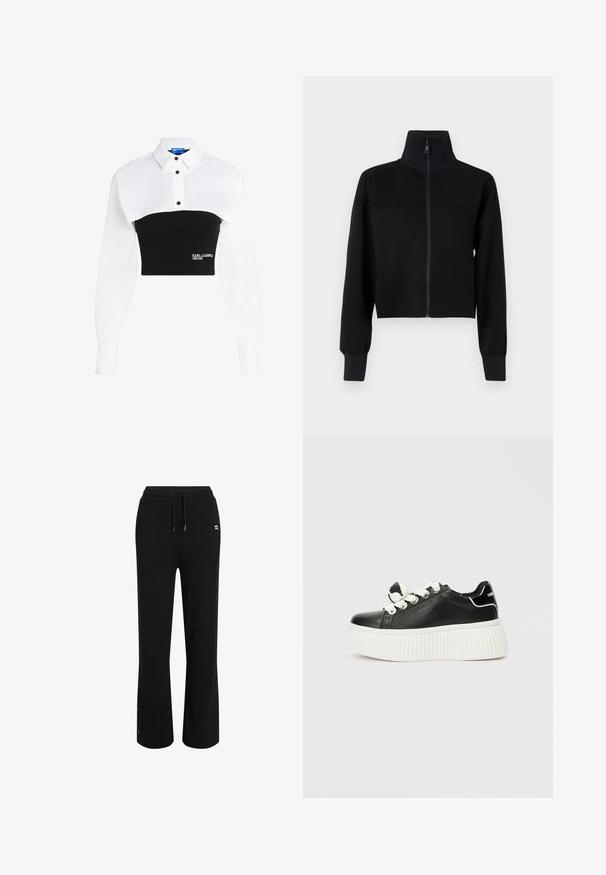 Černá zkrácená zipová bunda z měkkého materiálu. Má vysoký límec a dlouhé rukávy s žebrovanými manžetami. Ševová detailáž přes hruď.; Zkrácená košile s bílým límcem nahoře a černým upnutým spodkem, s detaily na knoflíky a logem "KARL LAGERFELD JEANS" na přední straně.; Černé tepláky s volným střihem, stahovací šňůrou v pase a patentkami na kotnících. Vyrobené z měkké, prodyšné látky.; Černé kožené tenisky s tlustou bílou ribbenou podrážkou, bílými tkaničkami a dekorativní mašlí na jazyku.