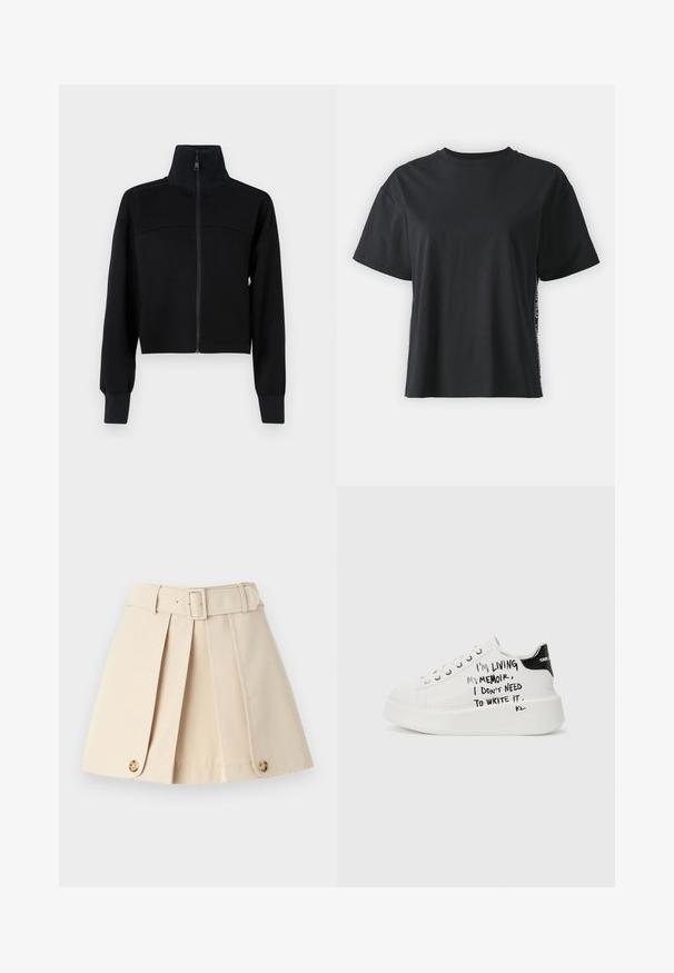 Juodas trumpas užtrauktukas švarkas iš minkštos medžiagos. Su aukštu apykakle ir ilgomis rankovėmis su gumbais. Siūlų detalė per krūtinę.; Juoda trumpomis rankovėmis medvilninė marškinėliai su laisvu siluetu ir kontrastine šonine juostele, kurioje yra mažas tekstas ir dizaino detalės.; Šviesiai ruda plišyta sijonas su prigludusia talija, plačiomis diržo kilpomis ir mygtukų akcentais apačioje. Pagamintas iš lygaus, lengvo audinio.; Baltos platformos sportbačiai su juodais akcentais, turintys tekstūruotą pado ir ranka rašytą tekstą šonuose. Lygus odos paviršius.