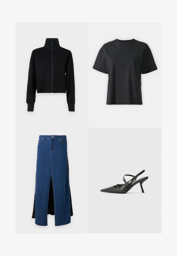Svart kort zip-up jacka i mjukt tyg. Har hög krage och långa ärmar med ribbad mudd. Sömnadsdetalj över bröstet.; Svart kortärmad t-shirt i bomull med avslappnad passform och kontrasterande sidopanel som har små texter och designdetaljer.; Jeanskjol med en blå front med en slits, svart tyg bak, samt ett vanligt midjeband med en metallknapp och sömmar.; Svarta läderklackar med slingback, spetsig tå, smal klack och dekorativ spänndetalj på ovansidan. Slät struktur och stilren design.