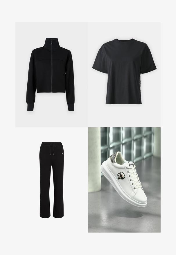 Czarna krótka kurtka zapinana na zamek z miękkiego materiału. Posiada wysoki kołnierz i długie rękawy z ribbowymi mankietami. Szewowe detale na klatce piersiowej.; Czarna bawełniana koszulka z krótkim rękawem o luźnym kroju, z kontrastującym bocznym panelem, zawierającym mały tekst i detale wzornicze.; Czarne dresy o luźnym kroju, z wiązaniem w pasie i detalami na zatrzaski przy kostce. Wykonane z miękkiego, oddychającego materiału.; Białe sneakersy Karl Lagerfeld z sznurowanym przodem, czarną i beżową naszywką z logo oraz metaliczną srebrną pętelką na pięcie, unoszące się nad szarym podłożem.