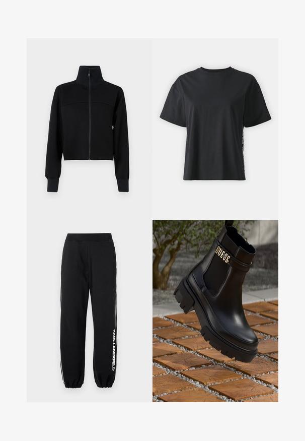 Fekete, rövidített, cipzáros dzseki puha anyagból. Magas gallérral és hosszú ujjakkal rendelkezik, bordázott mandzsettákkal. Párnázott varrás a mellkasnál.; Fekete, rövid ujjú pamut póló, laza szabású, kontrasztos oldalsó panelekre jellemző kis szöveggel és dizájn részletekkel.; Fekete melegítőnadrág elasztikus derékkal és szárvéggel, fehér oldalsávokkal és "KARL LAGERFELD" logóval a bal lábon. Puha anyagú textúra.; Fekete bőr bokacsizma tömzsi gumitalppal, elasztikus oldalsó panelekkel és arany részletként a "GUESS" márkázással.
