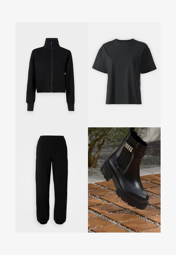 Črna skrajšana jakna z zadrgo iz mehkega materiala. Ima visok ovratnik in dolge rokave z rebrastimi manšetami. Šivni detajl čez prsi.; Črna bombažna majica s kratkimi rokavi, sproščenega kroja z kontrastnim stranskim panelom, ki vsebuje majhne besedilne in oblikovne podrobnosti.; Črne trenirke z elastičnim pasom in manšetami. Narejene iz mehke tkanine z subtilnim oblikovalskim detajlom na levi nogi.; Črne usnjene gležnarje z robustnim gumijastim podplatom, elastičnimi stranskimi ploščicami in zlatim poudarkom z znamko "GUESS".