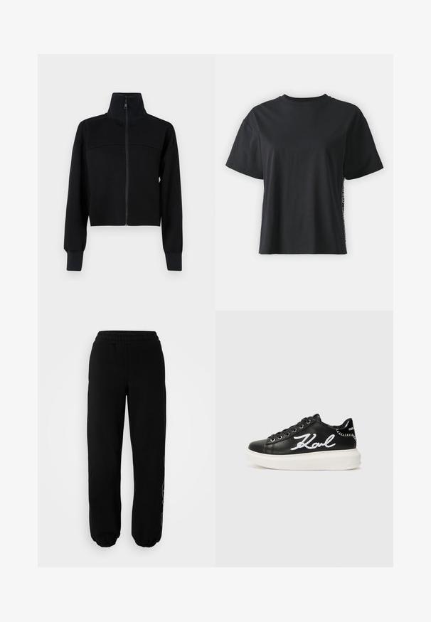 Svart kort zip-up jacka i mjukt tyg. Har hög krage och långa ärmar med ribbad mudd. Sömnadsdetalj över bröstet.; Svart kortärmad t-shirt i bomull med avslappnad passform och kontrasterande sidopanel som har små texter och designdetaljer.; Svarta joggingsbyxor med resår i midjan och i bensluten. Tillverkade av mjukt tyg med en subtil design detalj på vänster ben.; Svart lädersneaker med vit broderad "Karl"-detalj, rund tå, snörning och en tjock vit sula med texturerade accenter.
