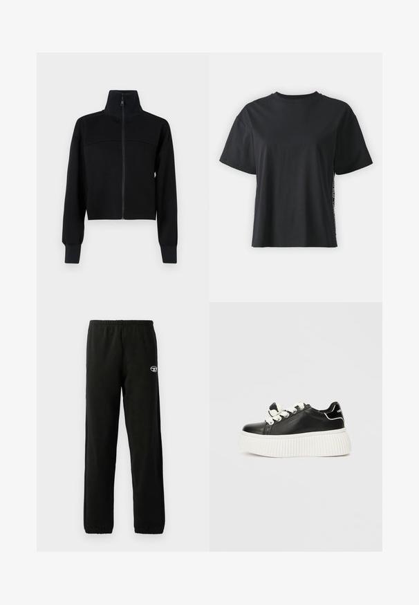 Črna skrajšana jakna z zadrgo iz mehkega materiala. Ima visok ovratnik in dolge rokave z rebrastimi manšetami. Šivni detajl čez prsi.; Črna bombažna majica s kratkimi rokavi, sproščenega kroja z kontrastnim stranskim panelom, ki vsebuje majhne besedilne in oblikovne podrobnosti.; Črne trenirke z elastičnim pasom in manšetami. Vsebujejo majhen logotip na stegnu. Narejene so iz mehkega, gladkega materiala.; Črne usnjene superge z debelim belim rebrastim podplatom, ki imajo bele vezalke in okrasni vozel na ježku.