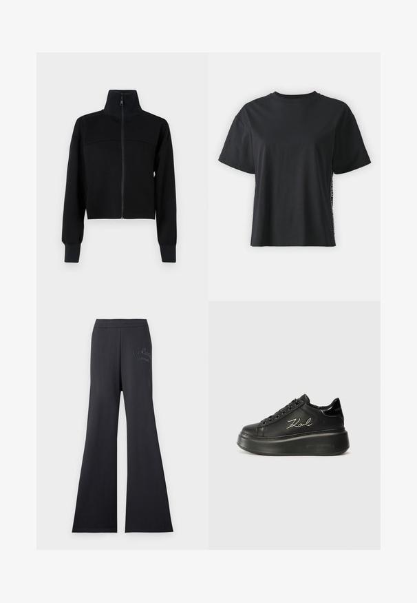 Jacket neagră, scurtă, cu fermoar, dintr-un material moale. Are o guler înalt și mâneci lungi cu manșete ribbate. Detaliu de cusătură pe piept.; Tricou din bumbac negru cu mânecă scurtă, cu o croială lejeră și un panou lateral contrastant, având text mic și detalii de design.; Pantaloni negri cu picioare largi, cu bandă elastică în talie, realizați dintr-un material moale. Întrețin detalii brodate cu logo într-o culoare contrastantă pe lateral.; Tenisi negri cu platformă, având un superior din piele netedă, șireturi plate și un logo „Karl” brodat pe lateral. Vârful rotund și talpa groasă.
