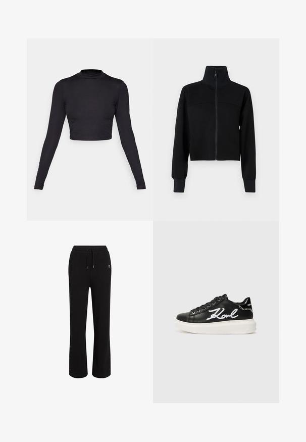 Schwarze, taillierte Zip-Jacke aus weichem Stoff. Sie hat einen hohen Kragen und lange Ärmel mit gerippten Bündchen. Nahtdetail über der Brust.; Schwarzes, langärmeliges Crop-Top mit hohem Hals. Hergestellt aus Rippstoff, mit eng anliegenden Ärmeln und einer sauberen, nahtlosen Saumdetail.; Schwarze Sweatpants mit lockerer Passform, Kordelzugbund und Druckknopfdetails am Knöchel. Hergestellt aus weichem, atmungsaktivem Material.; Schwarze Ledersneaker mit weißen, gestickten "Karl"-Details, runder Zehenpartie, Schnürdesign und einer dicken weißen Sohle mit strukturierten Akzenten.