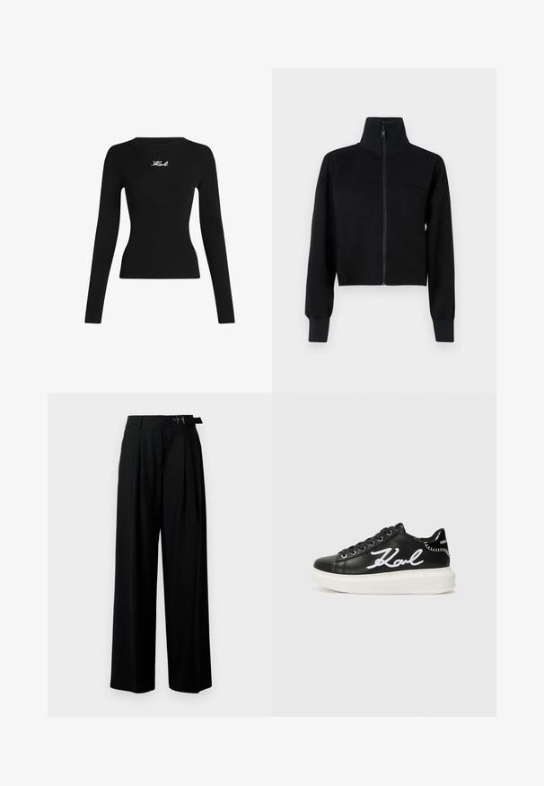 Schwarze, taillierte Zip-Jacke aus weichem Stoff. Sie hat einen hohen Kragen und lange Ärmel mit gerippten Bündchen. Nahtdetail über der Brust.; Schwarzes, geripptes Langarmoberteil mit Rundhalsausschnitt. Mit einem weißen gestickten Logo auf der Vorderseite. Enganliegende Silhouette.; Schwarze weit geschnittene Hosen mit hoher Taille, Falten an der Vorderseite und einem Gürtel mit Schnalle. Hergestellt aus glattem, leichtem Stoff.; Schwarze Ledersneaker mit weißen, gestickten "Karl"-Details, runder Zehenpartie, Schnürdesign und einer dicken weißen Sohle mit strukturierten Akzenten.