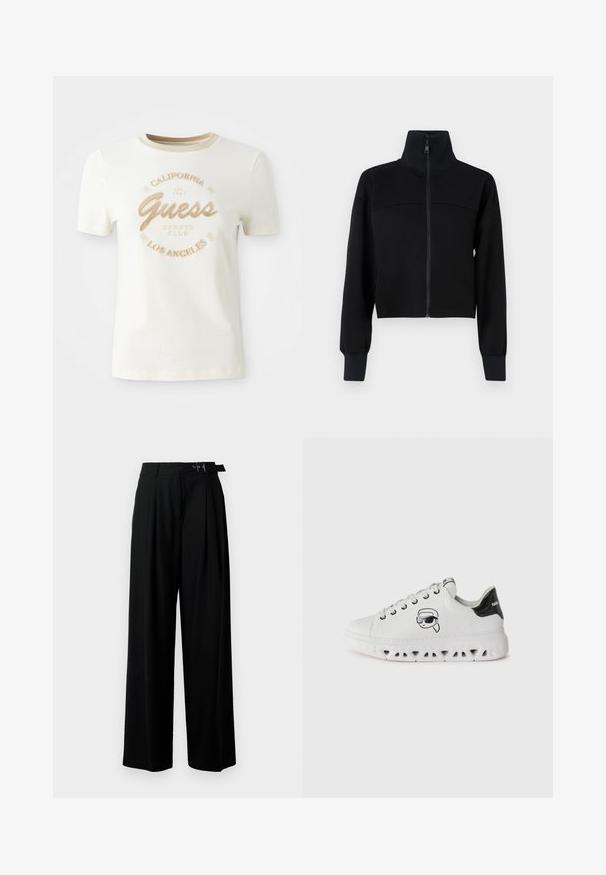 Jaqueta cropped preta com fecho zip em tecido macio. Apresenta um colarinho alto e mangas longas com punhos canelados. Detalhe em costura na zona do peito.; T-shirt de mangas curtas krem com um decote redondo, com bordado dourado texturizado a dizer "Guess Sports Club California Los Angeles."; Calças largas pretas de cintura alta, com pregas à frente e um cinto com fivela. Feitas de um tecido liso e leve.; Sneakers brancos com bico redondo, solas brancas texturizadas, apresentando uma capa de calcanhar preta brilhante e um personagem impresso a usar óculos de sol.