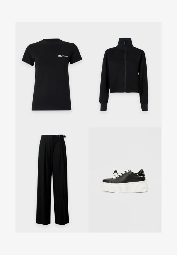 Fekete, rövidített, cipzáros dzseki puha anyagból. Magas gallérral és hosszú ujjakkal rendelkezik, bordázott mandzsettákkal. Párnázott varrás a mellkasnál.; Fekete pamut póló; rövid ujjakkal, kerek nyakkivágással és fehér logóval a bal mell részen. Simább textúrájú.; Fekete, bő szárú nadrág magas derékkal, elöl pliszírozva, és csattal ellátott övvel. Simább, könnyű anyagból készült.; Fekete bőr sneaker vastag, fehér bordázott talppal, fehér fűzőkkel és díszes masni akcentussal a nyelvén.