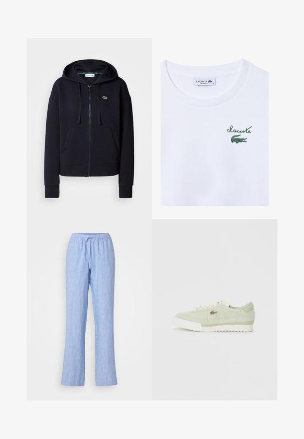 Felpa con zip di colore blu navy realizzata in morbido cotone. Presenta una tasca frontale, cappuccio con coulisse, polsini a costine e un piccolo logo ricamato.; T-shirt bianco in cotone con fitting morbido; presenta il logo verde "Lacoste" e una grafica di coccodrillo nella zona sinistra del petto.; Samsøe Samsøe HOYS STRING TROUSERS - Pantaloni - mid blue; Sneaker in suede verde chiaro con suola e lacci bianchi, design basso e piccolo logo metallico di lato.