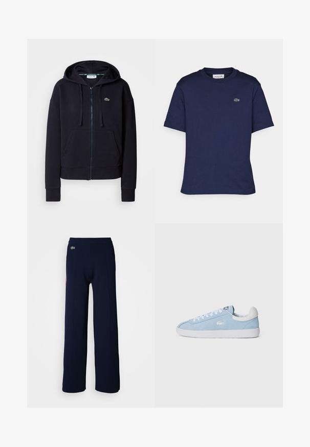 Jūras spēku zip-up kapuce, izgatavota no mīksta kokvilnas auduma. Iespējas ietver priekšējo kabatu, pievilkšanas kapuci, ribotās piedurknes un mazu izsistu logo.; Īsām piedurkņu nakts zilas krāsas krekliņš, izgatavots no kokvilnas, ar apaļu kakla izgriezumu un mazu zaļu Lacoste logotipu kreisajā krūtī.; Jūras zilas platās bikses ar mīkstu tekstūru, ar ribotu jostasvietu un mazu zaļu logo priekšpusē, izceļot tīru dizainu.; Gaiši zilas ādas kedas ar baltām auklām un gumijas zoli. Iekļauj nelielu sudraba logotipu sānos un baltu ādas papēža cilpu.