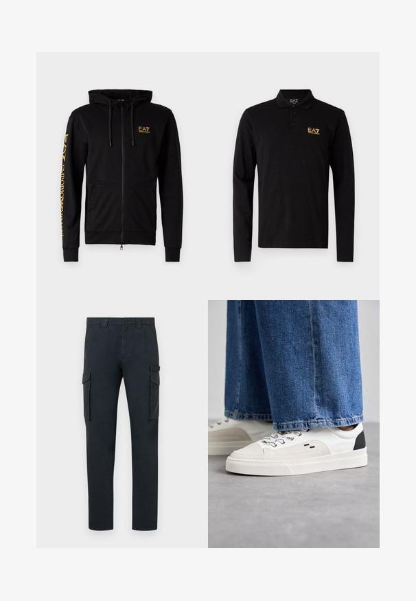 Černá zipová mikina vyrobená z měkké tkaniny. Vybavena kapucí, předními kapsami a žlutým tištěným logem na hrudi a rukávu.; Černá polokošile s dlouhým rukávem vyrobená z bavlny, s tříknoflíkovou légou a kontrastním žlutým vyšitým logem na hrudi.; Cargo kalhoty v tmavě námořnické barvě, vyrobené z bavlny. Obsahují dvě boční kapsy s klopami, zipový zip a rovný střih nohavic. Hladký povrch.; Bílé a černé tenisky s hladkým koženým svrškem, texturovanými akcenty a robustní bílou podešví. Mají klasický design se šněrováním.