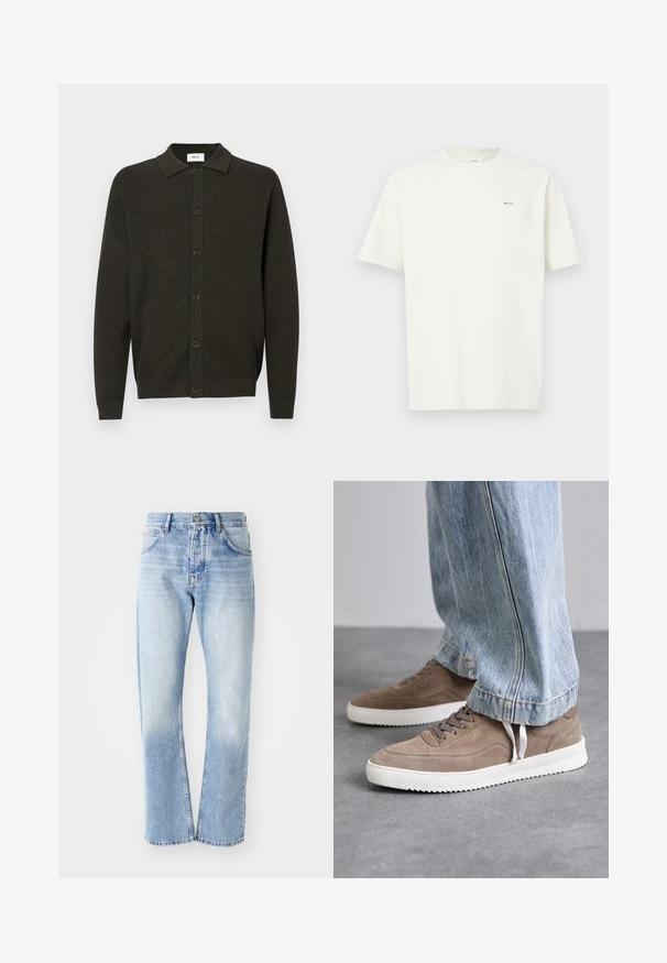 Tummegrön långärmad stickad kofta med krage och sex framknappar, med en subtil texturerad mönster samt ribbad mudd och fåll.; Lyhythihainen valkoinen T-paita, jossa on pieni musta "NN. 07" -teksti vasemmassa rinnassa vaaleaa taustaa vasten.; Vaanit vaaleansinisistä farkuista, joissa on suora lahje. Varustettu viiden taskun suunnittelulla, nappisuljenta ja haalistunut pinta alareunassa.; Ruske mokasine av suede-a s bijelim gumiranim potplatima, sa okruglim pertlama i niskim profilom. Farmerke delimično prekrivaju cipele.