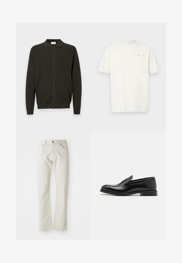 Tumes roheline pikakä sleeves neeliga kudumiskardigan, kus on kuus esipaneeli nuppu, peene tekstuuri mustriga ning ribakujuline ääre ja varrukad.; Üksikasjadeta valge lühikeste varrukatega T-särk, mille vasakul rinnal on väike must tekst "NN. 07", heledal taustal.; Heled helebežžinised, mis on valmistatud puuvillast, sirge jala disainiga, viie taskuga ja hõbedase metallist nööbiga sulgemisega.; Mustad mustad nahast loafers sileda tekstuuriga, ümarat ninaosa ja dekoratiivne riba vampi üle. Madal kihiline konts, minimalistlik disain.