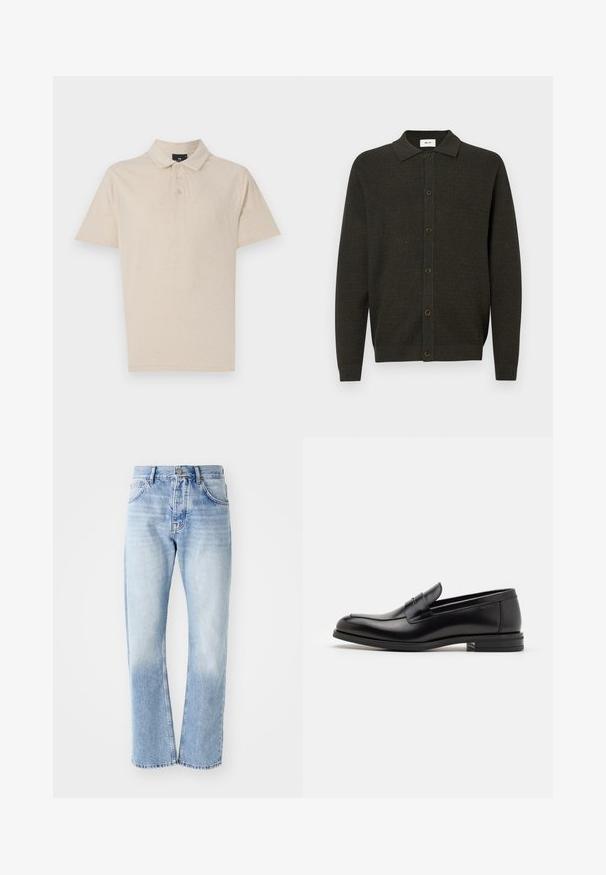 Mørkegrøn langærmet strik cardigan med krave og seks forreste knapper, der har et subtilt tekstureret mønster samt ribbede manchetter og søm.; Beige polo skjorte lavet af blød bomuldsblanding, med en klassisk krave, tre knaplukninger og korte ærmer. Simpelt og alsidigt design.; Lyseblå denim jeans med lige ben. Har en fem-lomme design, knaplukning og en falmet tekstur mod bunden.; Sorte læderloafers med en glat overflade, rund tå og en dekorativ strop over vampen. Lav hæl med stabeldesign, minimalistisk stil.