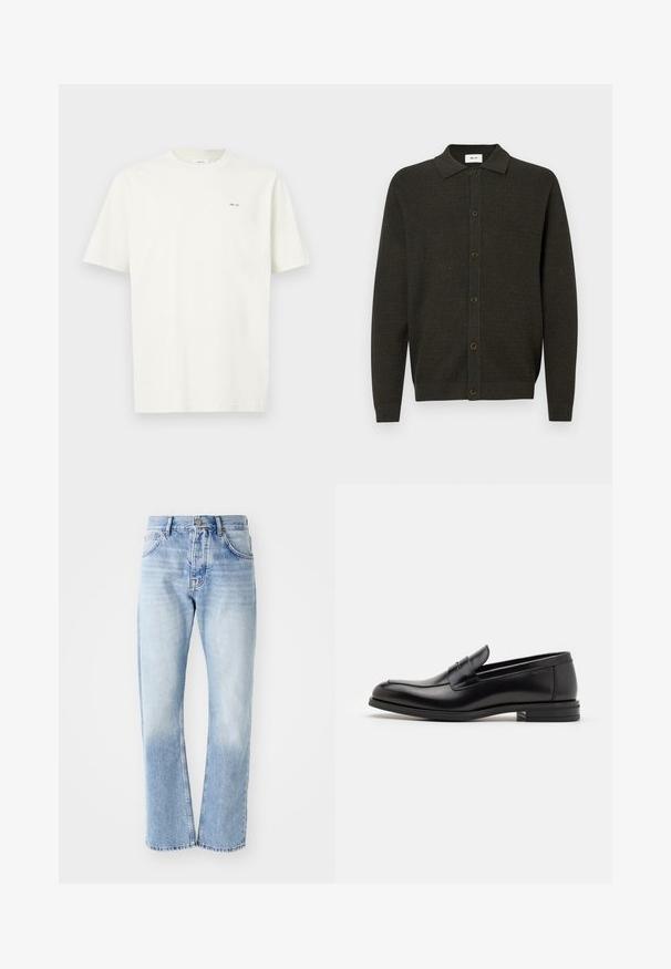 Dark green long-sleeve knit cardigan with collar and six front buttons, featuring a subtle textured pattern and ribbed cuffs and hem.; Plain white short-sleeve T-shirt with small black "NN. 07" text on the left chest against a light background.; Light blue denim jeans with a straight-leg cut. Features a five-pocket design, button fly, and faded texture towards the bottom.; Black leather loafers with a smooth texture, rounded toe, and a decorative strap across the vamp. Low stacked heel, minimalist design.