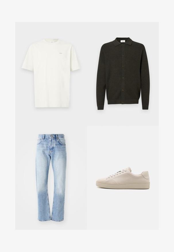 Temno zelena pletena jopica z dolgimi rokavi in ovratnikom, z šestimi sprednjimi gumbi, ki ima subtilen teksturiran vzorec ter rebraste manšete in rob.; Enostavna bela majica s kratkimi rokavi z malim črnim napisom "NN. 07" na levi strani prsnega koša na svetli podlagi.; Svijetloplavi traperice s ravnim nogavicama. Sadrže dizajn s pet džepova, patentni zatvarač i izbjeljenu teksturu prema dnu.; Bežni usnjeni športni copati z gladko površino, okroglo konico, ravnim podplatom in klasičnim vezalnim dizajnom. Diskretni šivi in teksturiran podplat.