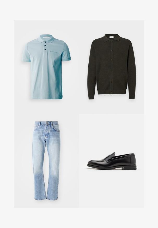 Cardigã de malha verde-escuro de manga longa com colarinho e seis botões na frente, apresentando um padrão texturizado sutil e punhos e bainha canelados.; Camisa polo azul clara com uma textura de algodão suave, três botões pretos e logótipo bordado no peito. Mangas curtas e gola clássica.; Calças de ganga azul claro com corte de perna reta. Apresenta um design de cinco bolsos, fecho de botão e uma textura desbotada na parte inferior.; Mocassins de couro preto com uma textura suave, bico arredondado e uma faixa decorativa sobre o peito do pé. Salto baixo e empilhado, design minimalista.