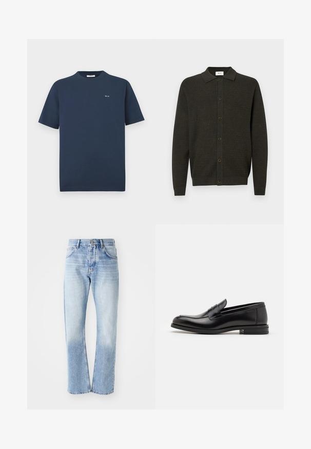 Cárdigan de punto de manga larga en verde oscuro con cuello y seis botones frontales, que presenta un patrón texturizado sutil y puños y dobladillo acanalados.; Camiseta de manga corta azul marino con cuello redondo y pequeño logo blanco "NN. 07" en el lado izquierdo del pecho sobre un fondo blanco.; Jeans de mezclilla azul claro con corte recto. Presenta un diseño de cinco bolsillos, cierre de botón y una textura deslavada hacia la parte inferior.; Mocasines de cuero negro con una textura suave, puntera redondeada y una tira decorativa en el empeine. Tacón bajo apilado, diseño minimalista.