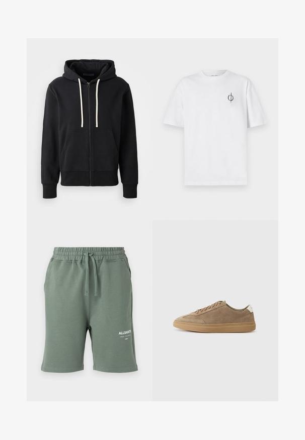 Juodas užtrauktukas megztinis, pagamintas iš medvilnės mišinio, turi priekinę kišenę, raištelių kapučioną ir gumuotus rankogalius. Lygus paviršius, vientisas dizainas.; Balta medvilninė marškinė su laisvu siluetu, su mažą juodą grafiką logotipą kairėje krūtinės pusėje. Trumpomis rankovėmis, apvaliu kaklu.; Žali medvilnės mišinio šortai su elastingu juosmeniu ir raišteliu. Ant šono turi baltą logotipo spaudą. Lygus paviršius, kelių ilgio dizainas.; Šviesiai rudos su mikrošuolių sportinės bateliai su guma padusi. Yra su raištelių uždarymu ir minimalistiniu stiliumi, akcentuotu baltu kulno lipduku.