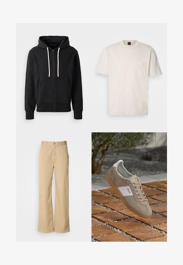 Svart hettegenser med glidelås laget av bomullsblanding, med en frontlomme, snorhette og ribbestrikkede cuffer. Glatt tekstur, enkel design.; Lys beige bomulls t-skjorte med rund hals, korte ermer og brystlomme til venstre med en subtil logo-lapp. Glatt tekstur.; Beige, vide bukser laget av en bomullsblanding. Har knappelukking og beltehemper. Glatt tekstur med minimale sømdetaljer.; Beige semsket sportsko med hvite detaljer, sort gummisåle, rund tå og flate snøringer. Har gullmerke på tungen og siden.