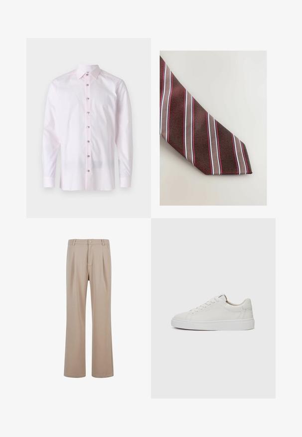 Cardigan verde oliva realizzato in tessuto testurizzato, con scollo a V, maniche lunghe e sei bottoni lungo la parte anteriore.; Camicia a maniche lunghe di un delicato rosa, realizzata in tessuto liscio. Presenta un colletto a punta e una chiusura frontale con bottoni a contrasto.; Pantaloni beige a pieghe realizzati in tessuto liscio con un design a gamba dritta, caratterizzati da una chiusura con bottone e dettagli di cucitura discreti.; Sneakers bianchi in pelle, modello low-top, con punta rotonda, suola piatta in gomma bianca e dettagli di cucitura minimalista. Lacci fissati attraverso sei occhielli.; Next STRIPE - Cravatta - red