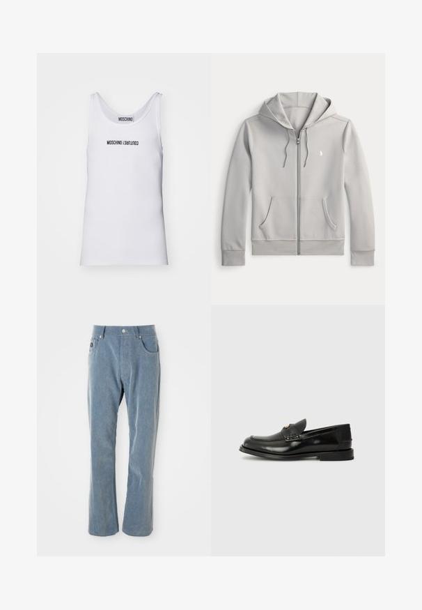 Svetlo siva zip-up kapuca iz mehkega bombažnega materiala, z obsežnim sprednjim žepom, kapuco z vrvico in majhnim vezenim logotipom na prsih.; MOSCHINO CANOTTA - Top - fantasia bianco; Svetlo modri ženski kord flis hlače z gumbom in zadrgo, sprednjimi žepi in ravnimi nogami na beli podlagi.; Črne usnjene loafer čevlje za moške z zaobljenim nosom, dekorativnim šivom in majhnim sprednjim poklopcem. Ravna gumijasta podplat z minimalnim peto.