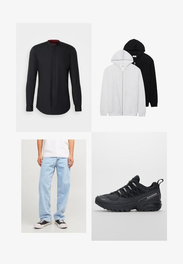 Dos sudaderas con cremallera en negro y blanco, con capuchas ajustables, bolsillos tipo canguro, puños de canalé y una suave textura de tela.; Camisa negra de manga larga con cuello mao, que presenta una tapeta oculta y un detalle interior del cuello en rojo con estampado. Textura de tela suave.; Conjunto de tres camisetas básicas en negro, blanco y gris claro. Mangas cortas, cuello redondo, hechas de una suave tela de algodón. Logo de la marca visible.; Jeans de mezclilla azul claro con un ajuste relajado, que presentan un diseño de pierna recta y costuras estándar, combinados con zapatillas negras.; Zapatillas deportivas negras con parte superior de malla, suela de goma y acentos reflectantes. Presentan una suela acolchada y un diseño con cierre de cordones.