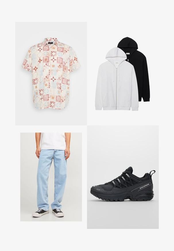 Twee zip-hoodies in zwart en wit, met trekkoorden aan de capuchons, kangoeroe zakken, geribbelde mouwen en een zachte stoftextuur.; Korte mouwen overhemd met knopen in lichte stof, gekenmerkt door een patchworkdesign met geometrische patronen in rood, blauw en crème.; Lichtblauwe denim jeans met een relaxed fit, met een rechte pijp en standaard stiksels, gecombineerd met zwarte sneakers.; Zwarte sportieve schoenen met een bovenwerk van mesh, rubberen buitenzool en reflecterende accenten. Voorzien van een gevoerde zool en een vetersluiting.