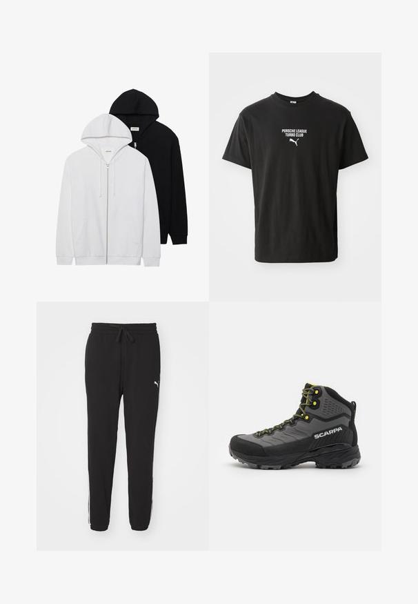 Dos sudaderas con cremallera en negro y blanco, con capuchas ajustables, bolsillos tipo canguro, puños de canalé y una suave textura de tela.; Camiseta de algodón negra con cuello redondo, que presenta el texto impreso en blanco "PORSCHE LEAGUE TURBO CLUB" y un pequeño logo de Puma abajo.; Pantalones deportivos negros hechos de tela suave, con una cinturilla elástica y cordón, ajuste slim y rayas blancas a los lados. Logo impreso en la cadera.; Bota de senderismo negra y gris con tejido texturizado, acentos amarillos brillantes, puntera reforzada y suela de goma con profundos relieves para una mejor tracción.