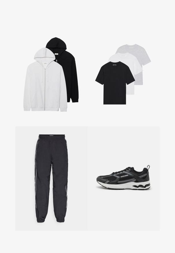 To zip-up hettegensere i svart og hvitt, med snorhetter, kenguru-lommer, ribbede mansjetter og myk tekstur.; Sett med tre grunnleggende t-skjorter i svart, hvitt og lys grå. Korte ermer, rund hals, laget av glatt bomullsstoff. Merkevaren synlig.; Sorte joggebukser laget av lett stoff, med elastisk midje, avsmalnende ben og hvite sidestriper.; Jack & Jones JFWTOKYO - Joggesko - anthracite